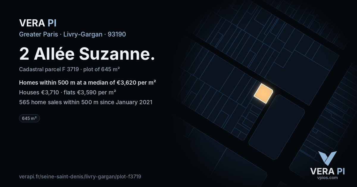 2 Allée Suzanne, Livry-Gargan at night – the plot lit, the parcels around coloured by the prices near them