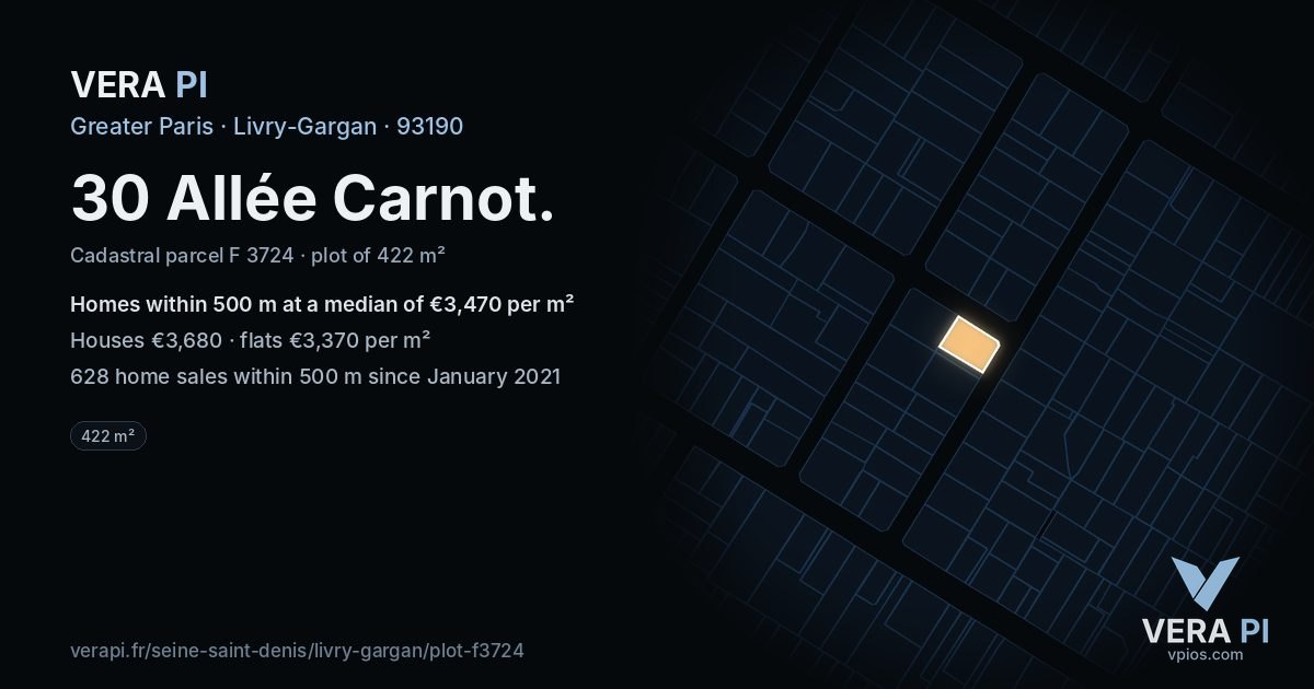 30 Allée Carnot, Livry-Gargan at night – the plot lit, the parcels around coloured by the prices near them