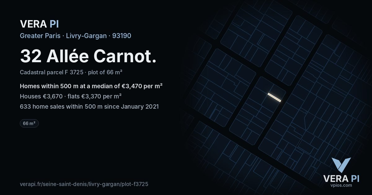 32 Allée Carnot, Livry-Gargan at night – the plot lit, the parcels around coloured by the prices near them