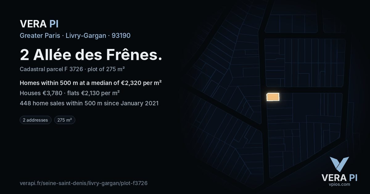 2 Allée des Frênes, Livry-Gargan at night – the plot lit, the parcels around coloured by the prices near them