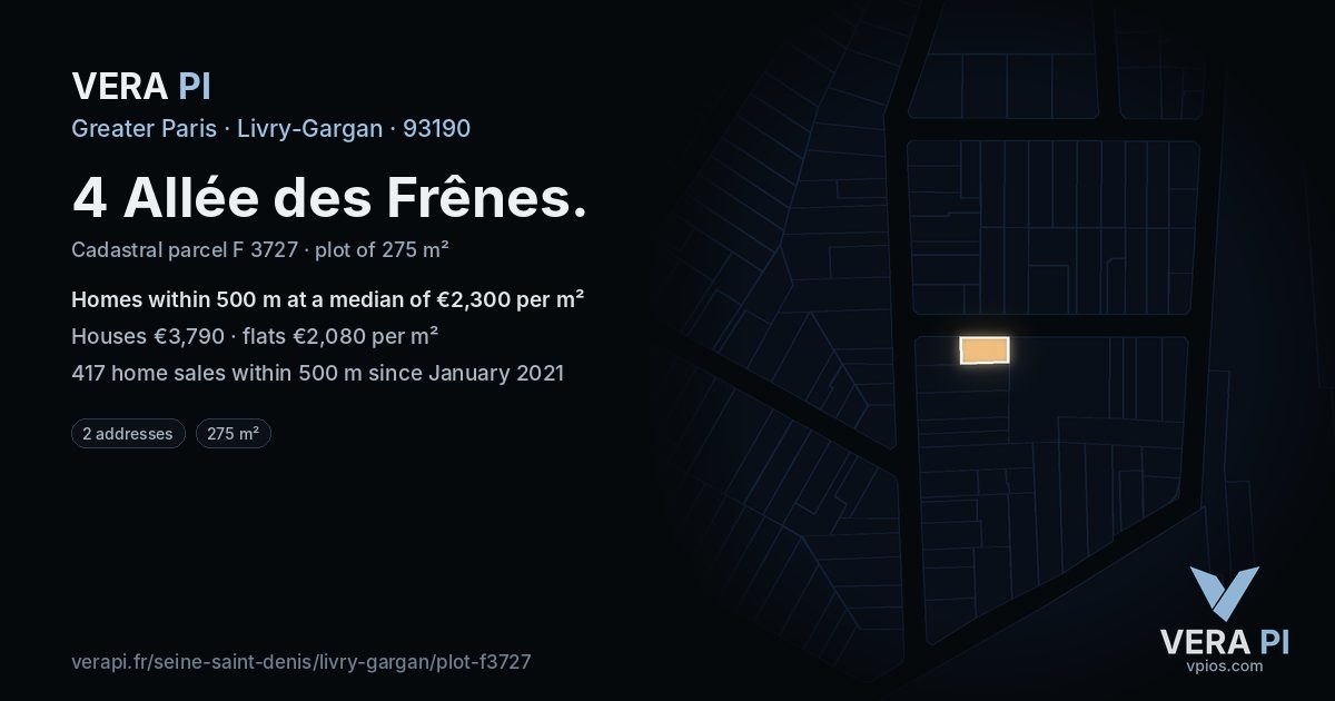 4 Allée des Frênes, Livry-Gargan at night – the plot lit, the parcels around coloured by the prices near them