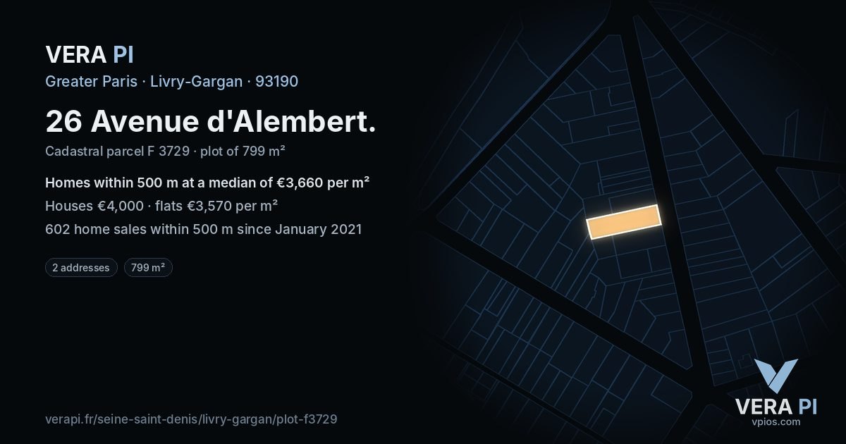 26 Avenue d'Alembert, Livry-Gargan at night – the plot lit, the parcels around coloured by the prices near them