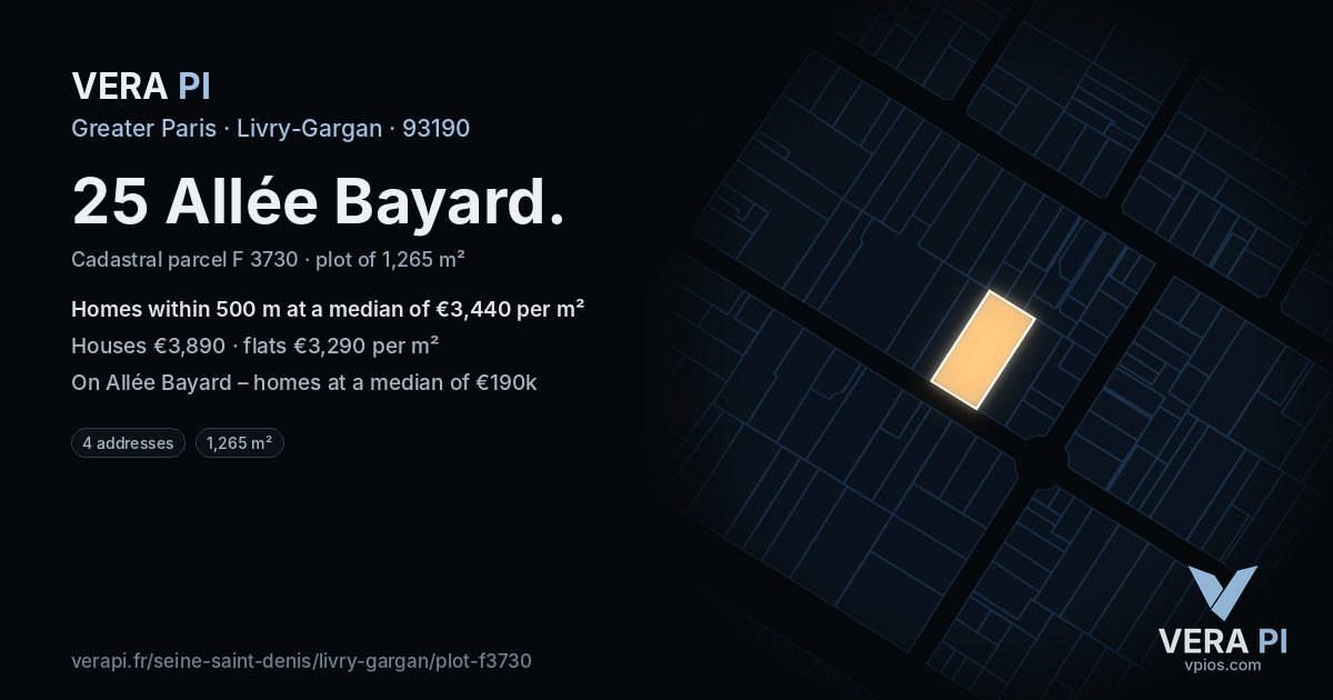25 Allée Bayard, Livry-Gargan at night – the plot lit, the parcels around coloured by the prices near them