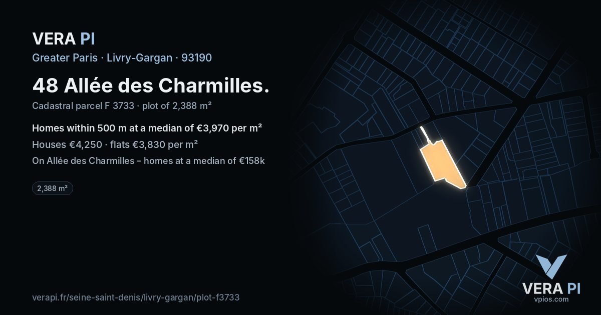 48 Allée des Charmilles, Livry-Gargan at night – the plot lit, the parcels around coloured by the prices near them
