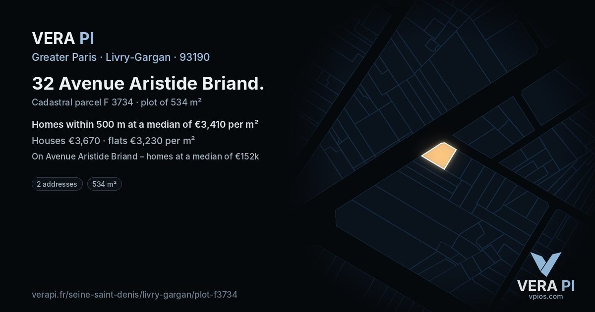 32 Avenue Aristide Briand, Livry-Gargan at night – the plot lit, the parcels around coloured by the prices near them