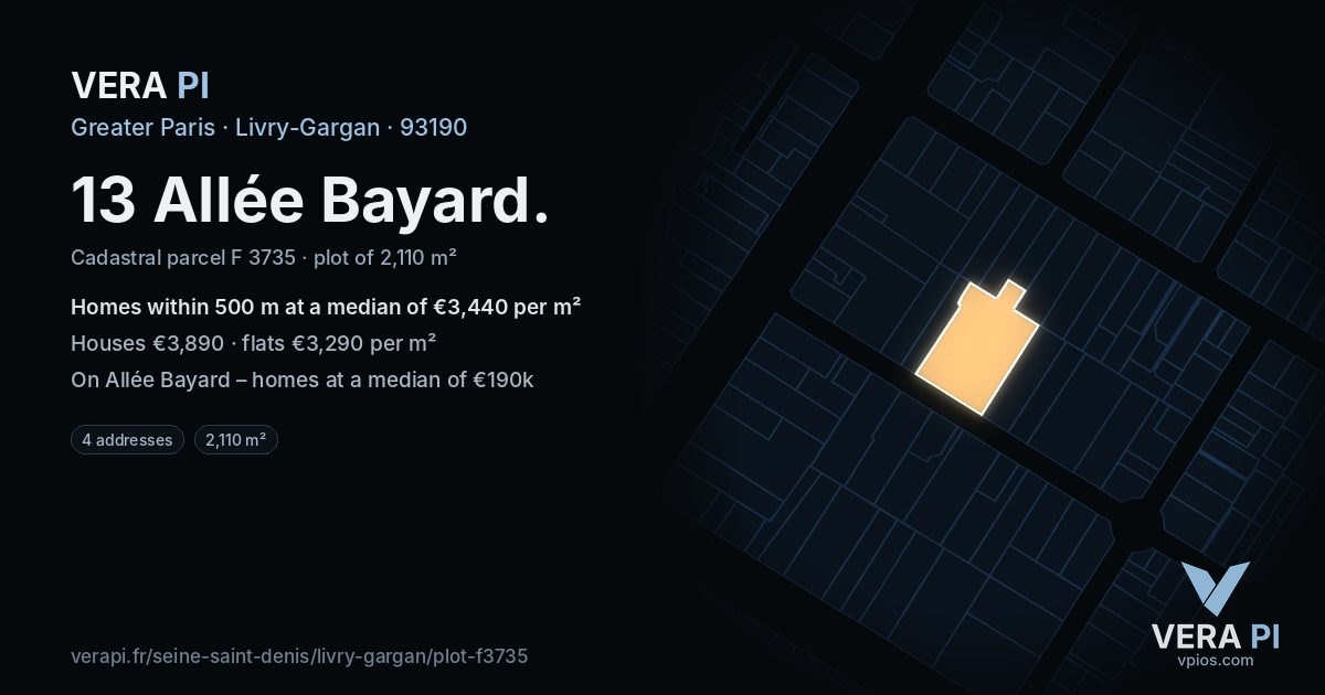 13 Allée Bayard, Livry-Gargan at night – the plot lit, the parcels around coloured by the prices near them