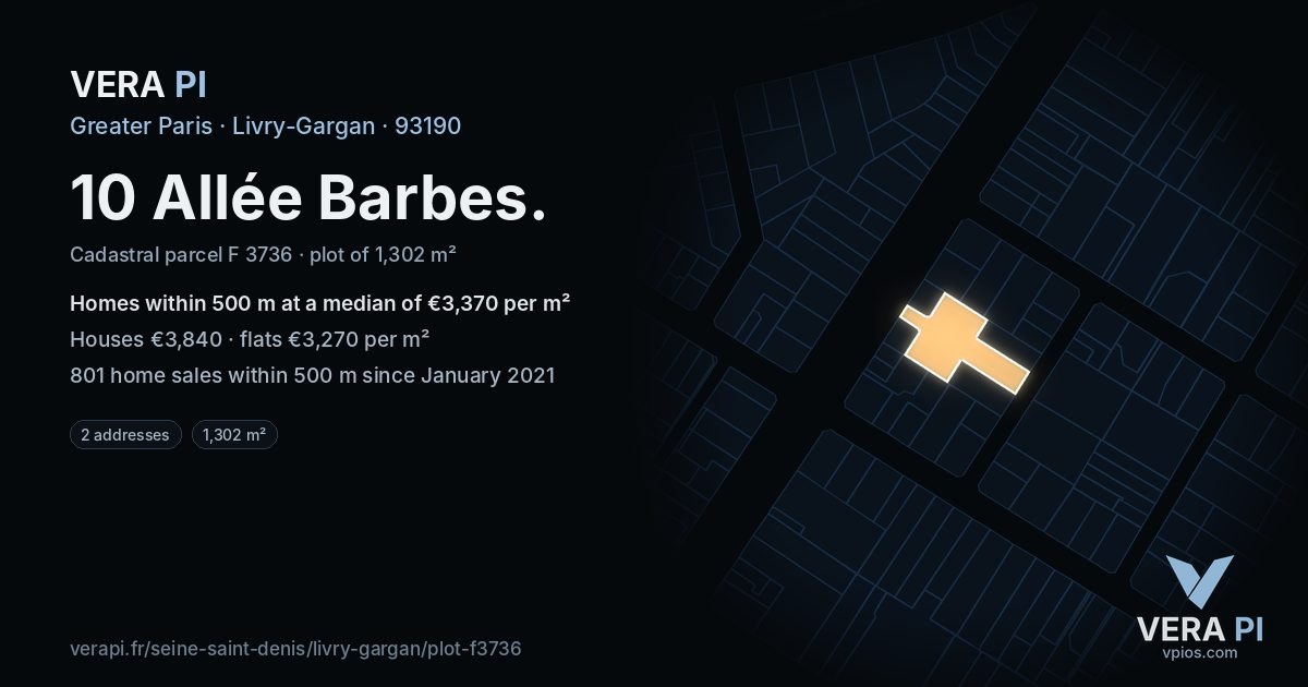 10 Allée Barbes, Livry-Gargan at night – the plot lit, the parcels around coloured by the prices near them