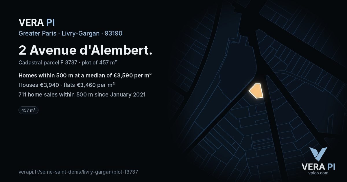 2 Avenue d'Alembert, Livry-Gargan at night – the plot lit, the parcels around coloured by the prices near them