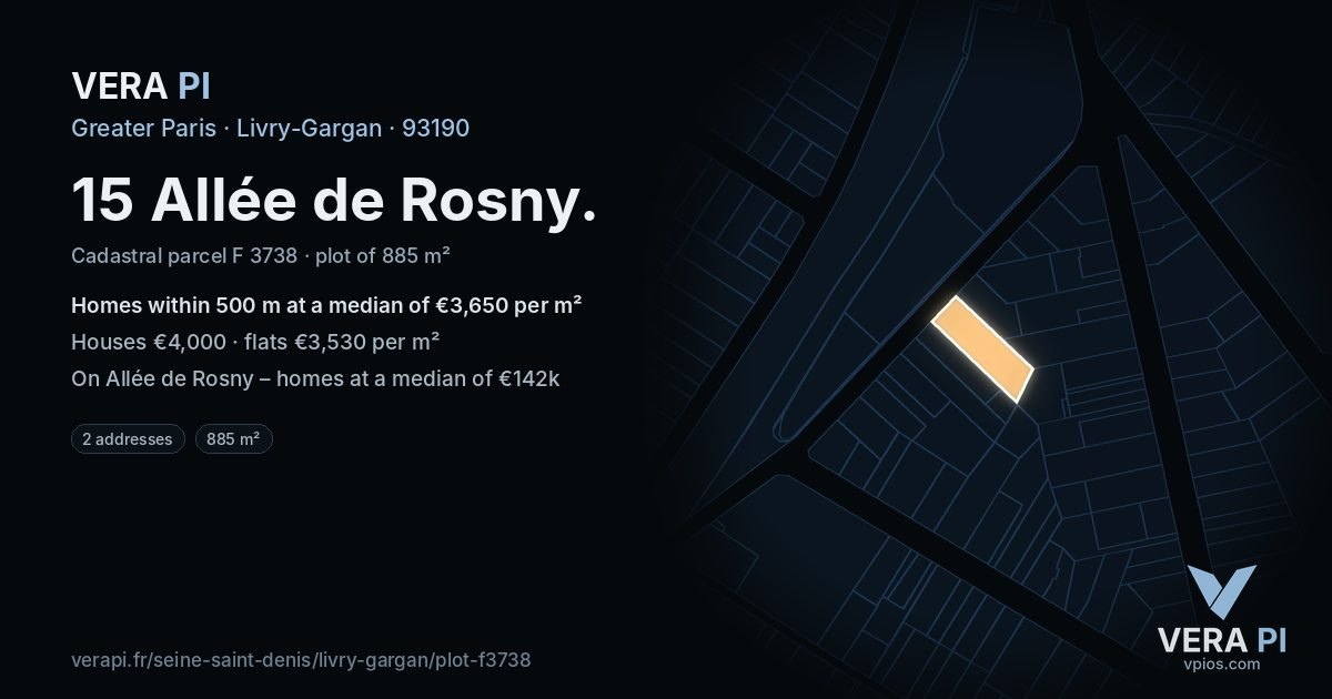 15 Allée de Rosny, Livry-Gargan at night – the plot lit, the parcels around coloured by the prices near them