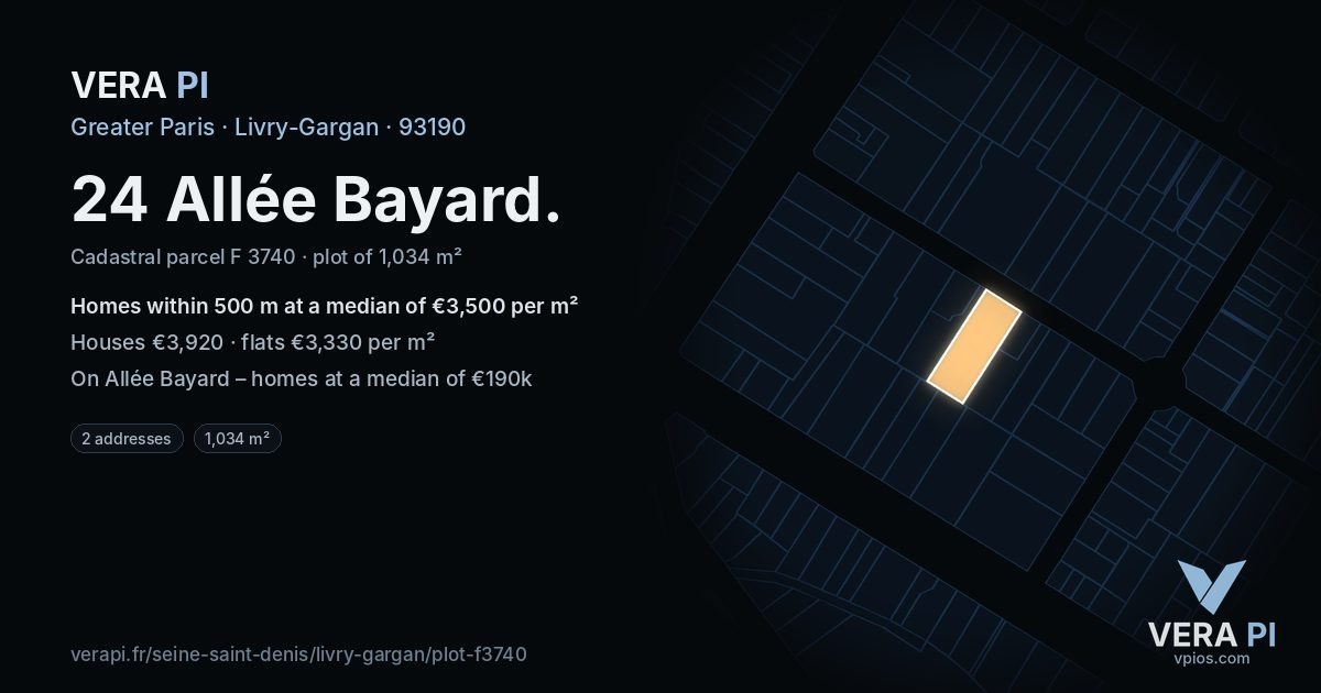 24 Allée Bayard, Livry-Gargan at night – the plot lit, the parcels around coloured by the prices near them