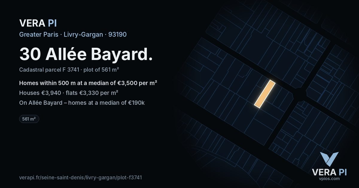 30 Allée Bayard, Livry-Gargan at night – the plot lit, the parcels around coloured by the prices near them