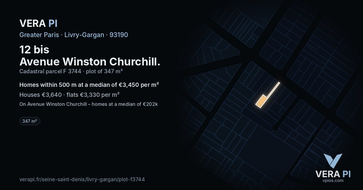 12 bis Avenue Winston Churchill, Livry-Gargan at night – the plot lit, the parcels around coloured by the prices near them
