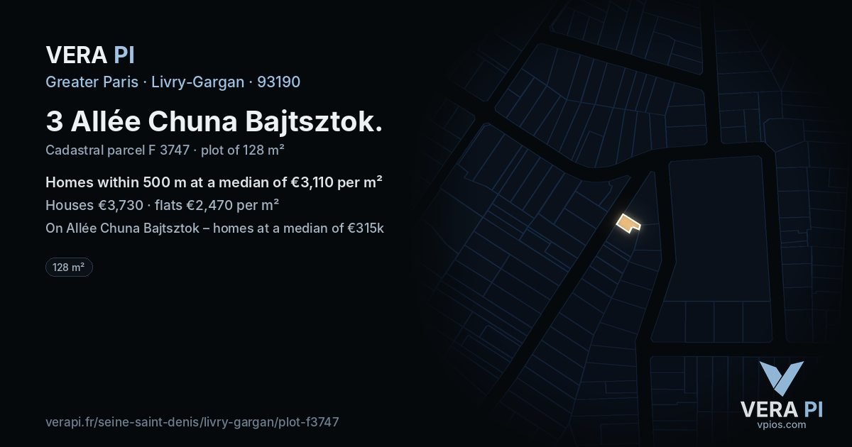 3 Allée Chuna Bajtsztok, Livry-Gargan at night – the plot lit, the parcels around coloured by the prices near them