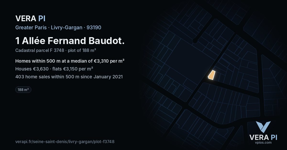 1 Allée Fernand Baudot, Livry-Gargan at night – the plot lit, the parcels around coloured by the prices near them