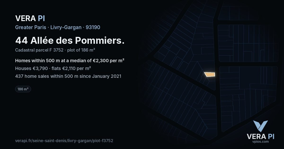 44 Allée des Pommiers, Livry-Gargan at night – the plot lit, the parcels around coloured by the prices near them