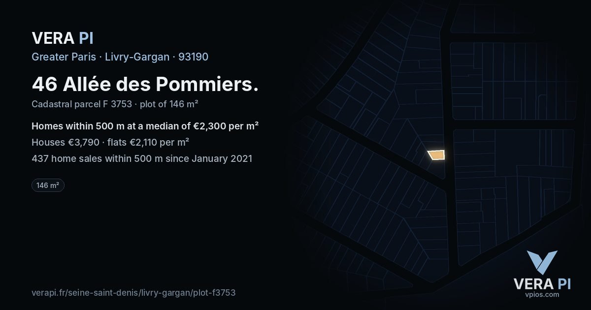 46 Allée des Pommiers, Livry-Gargan at night – the plot lit, the parcels around coloured by the prices near them
