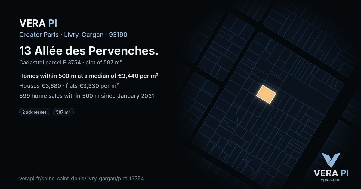 13 Allée des Pervenches, Livry-Gargan at night – the plot lit, the parcels around coloured by the prices near them