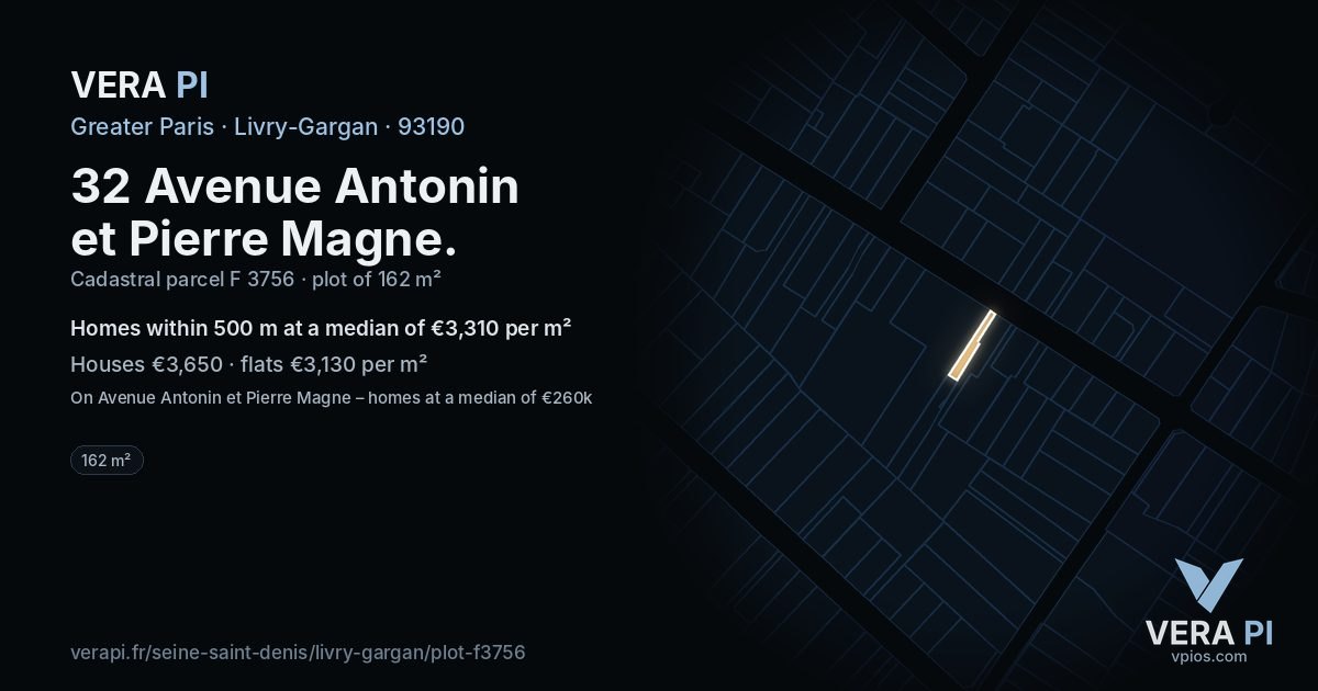 32 Avenue Antonin et Pierre Magne, Livry-Gargan at night – the plot lit, the parcels around coloured by the prices near them