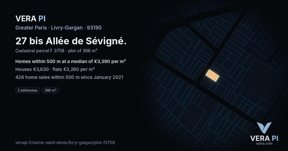 27 bis Allée de Sévigné, Livry-Gargan at night – the plot lit, the parcels around coloured by the prices near them