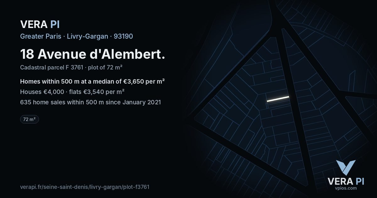 18 Avenue d'Alembert, Livry-Gargan at night – the plot lit, the parcels around coloured by the prices near them