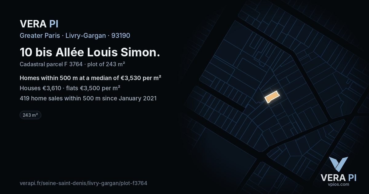 10 bis Allée Louis Simon, Livry-Gargan at night – the plot lit, the parcels around coloured by the prices near them