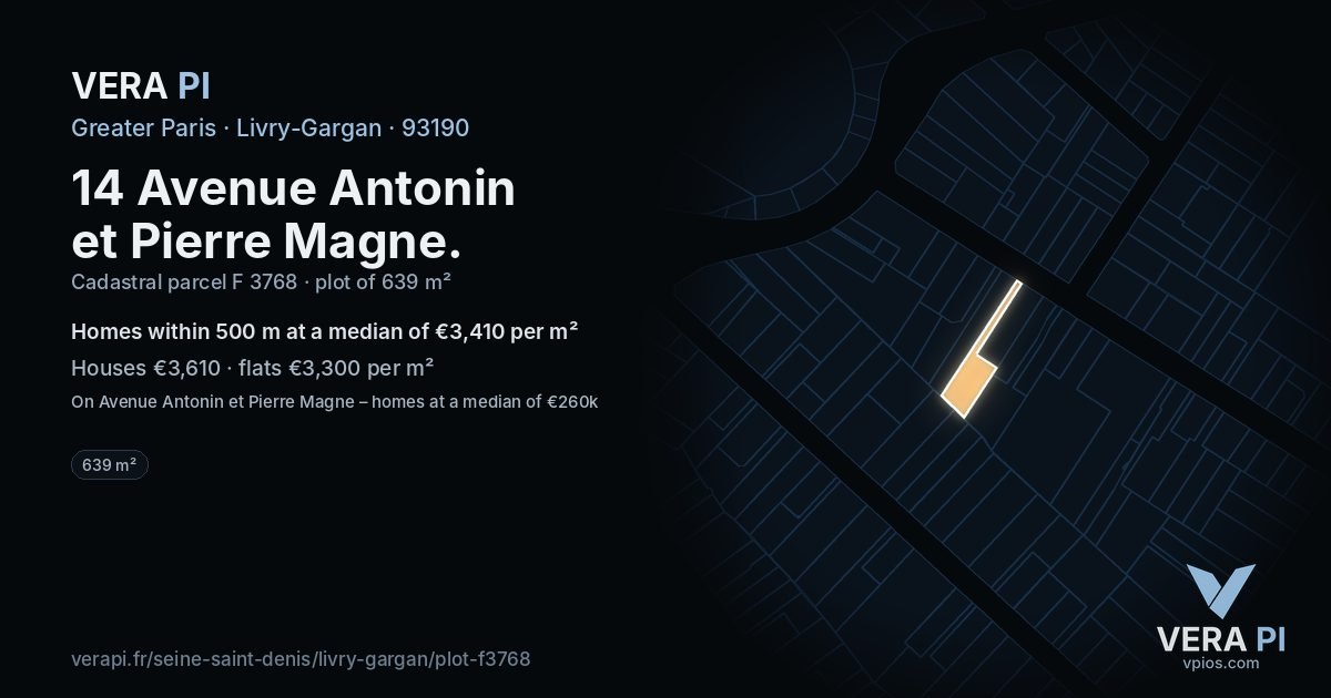 14 Avenue Antonin et Pierre Magne, Livry-Gargan at night – the plot lit, the parcels around coloured by the prices near them