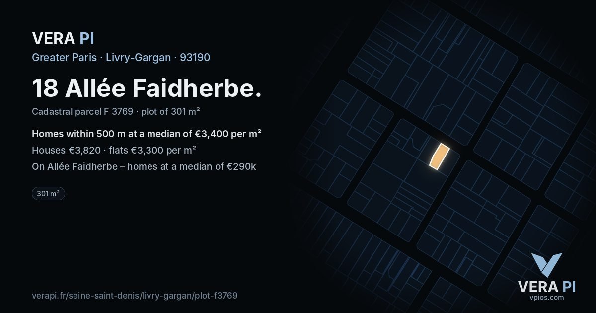 18 Allée Faidherbe, Livry-Gargan at night – the plot lit, the parcels around coloured by the prices near them