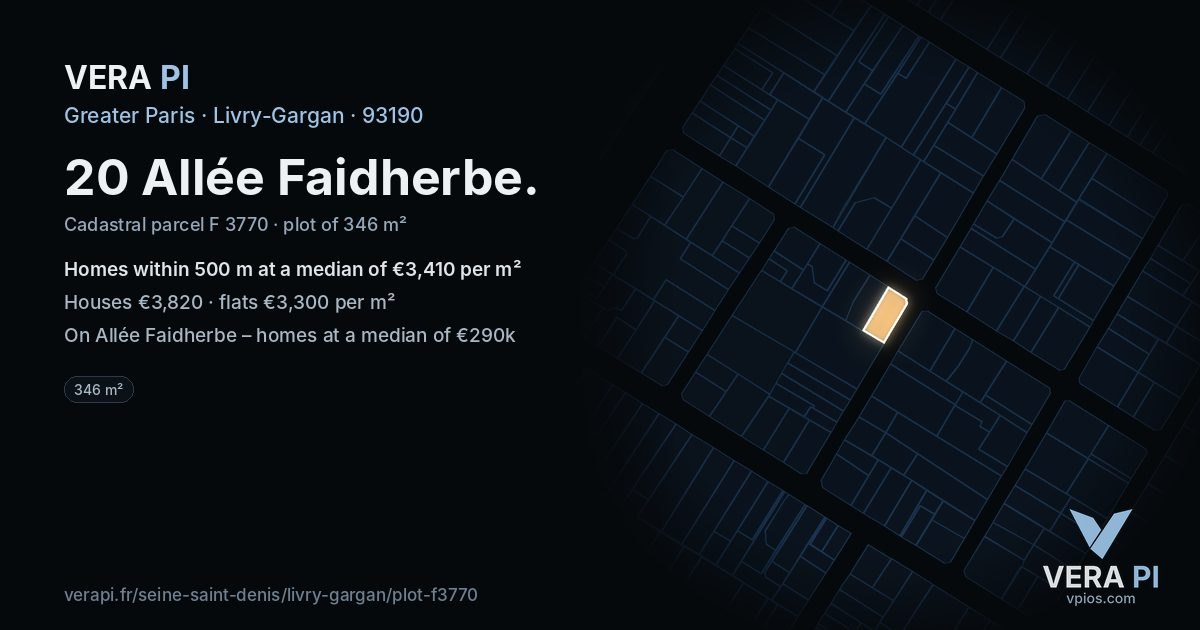 20 Allée Faidherbe, Livry-Gargan at night – the plot lit, the parcels around coloured by the prices near them