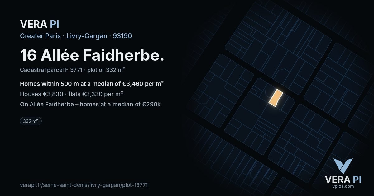 16 Allée Faidherbe, Livry-Gargan at night – the plot lit, the parcels around coloured by the prices near them