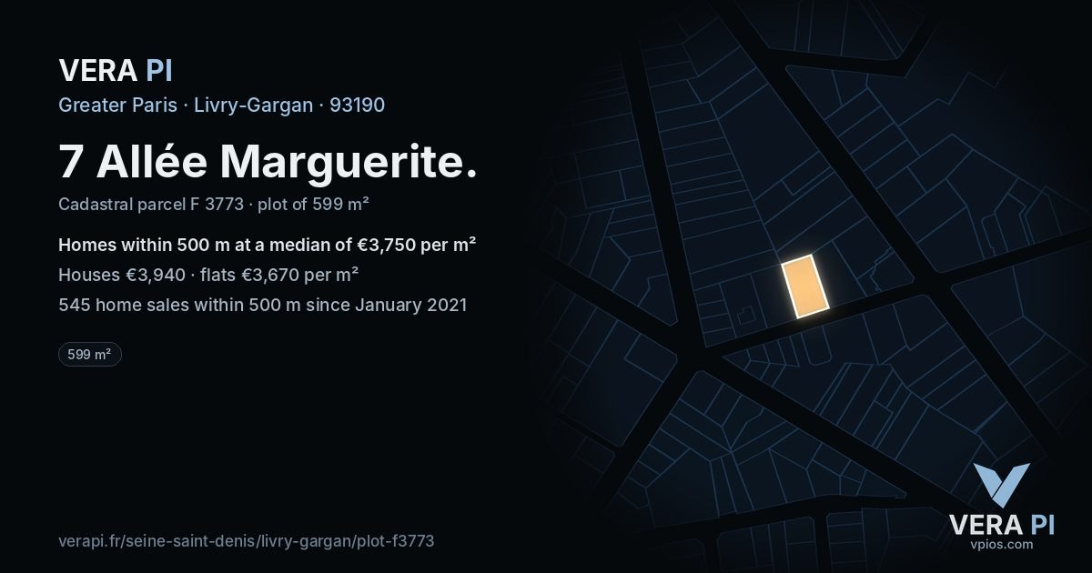 7 Allée Marguerite, Livry-Gargan at night – the plot lit, the parcels around coloured by the prices near them