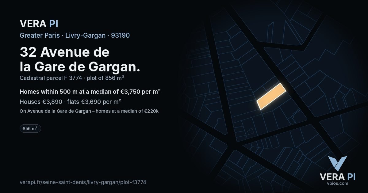 32 Avenue de la Gare de Gargan, Livry-Gargan at night – the plot lit, the parcels around coloured by the prices near them