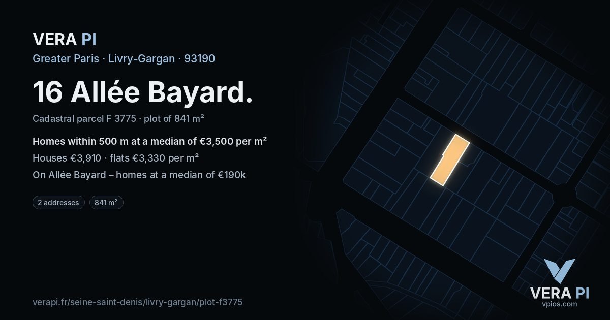 16 Allée Bayard, Livry-Gargan at night – the plot lit, the parcels around coloured by the prices near them