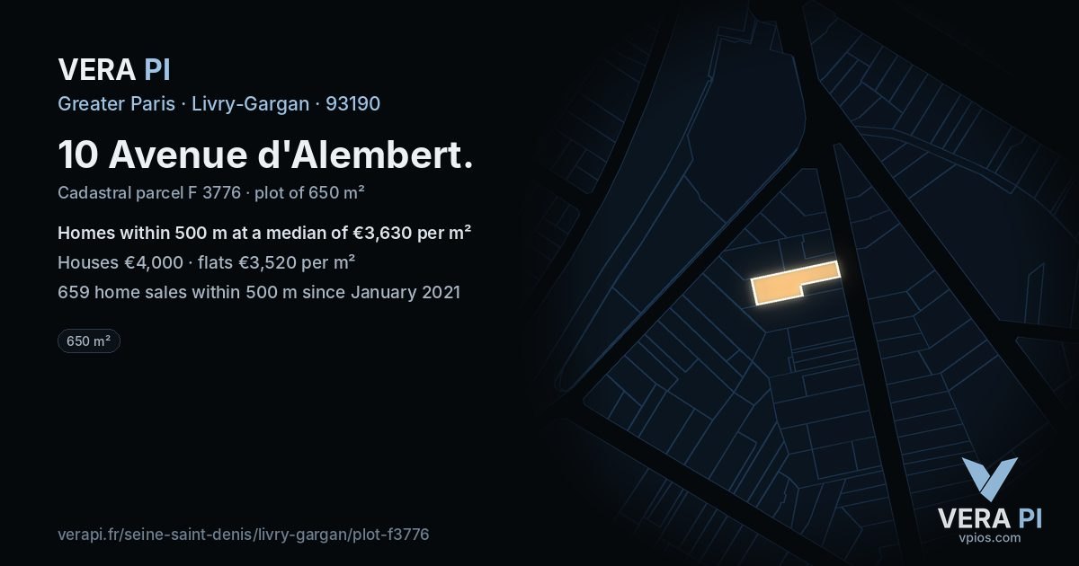 10 Avenue d'Alembert, Livry-Gargan at night – the plot lit, the parcels around coloured by the prices near them
