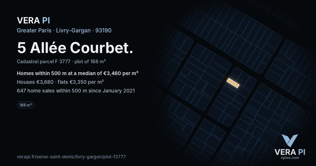 5 Allée Courbet, Livry-Gargan at night – the plot lit, the parcels around coloured by the prices near them