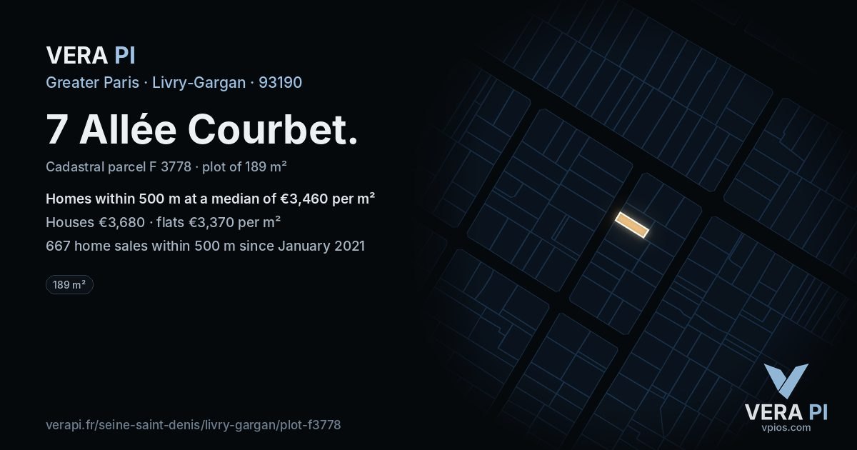 7 Allée Courbet, Livry-Gargan at night – the plot lit, the parcels around coloured by the prices near them