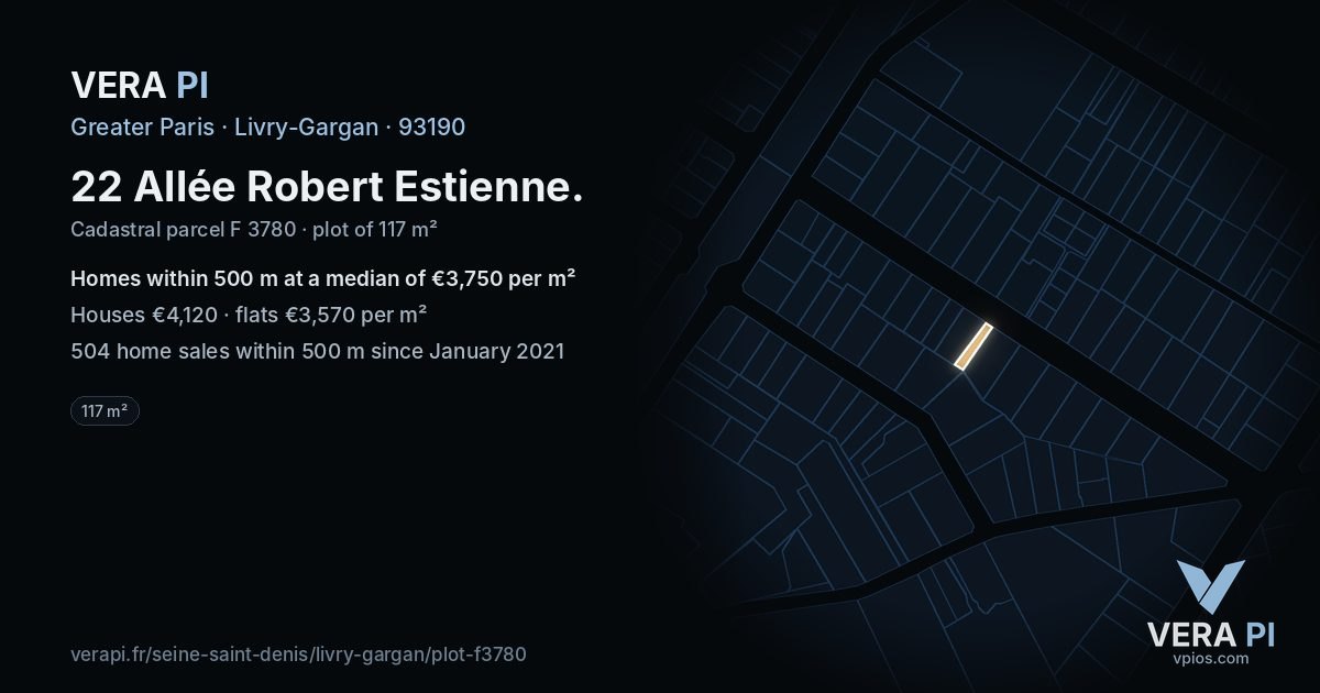 22 Allée Robert Estienne, Livry-Gargan at night – the plot lit, the parcels around coloured by the prices near them