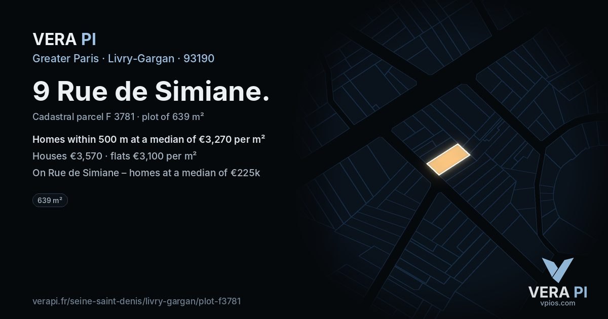 9 Rue de Simiane, Livry-Gargan at night – the plot lit, the parcels around coloured by the prices near them