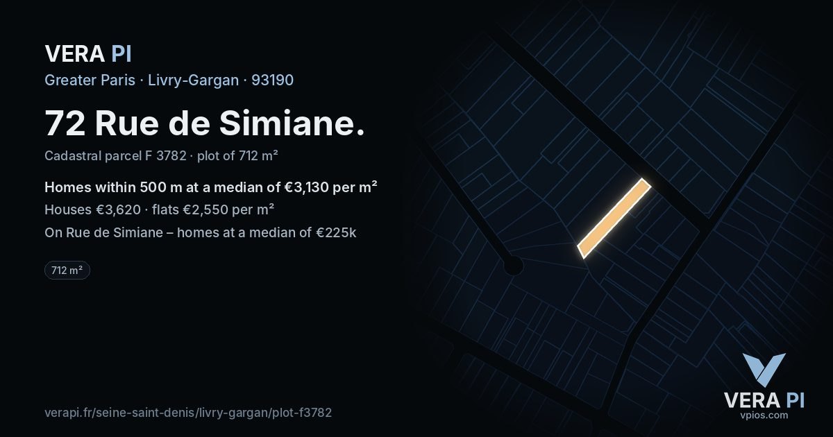 72 Rue de Simiane, Livry-Gargan at night – the plot lit, the parcels around coloured by the prices near them