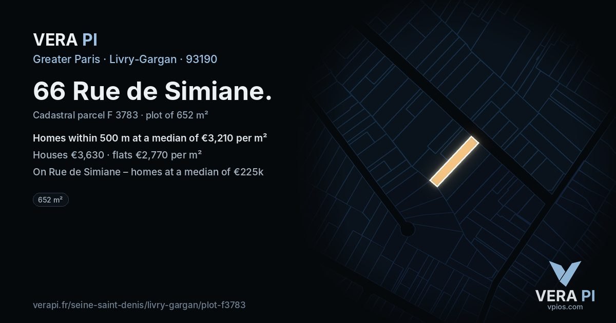 66 Rue de Simiane, Livry-Gargan at night – the plot lit, the parcels around coloured by the prices near them