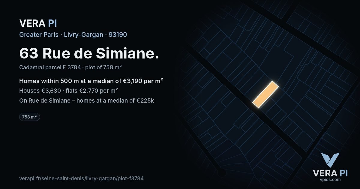 63 Rue de Simiane, Livry-Gargan at night – the plot lit, the parcels around coloured by the prices near them