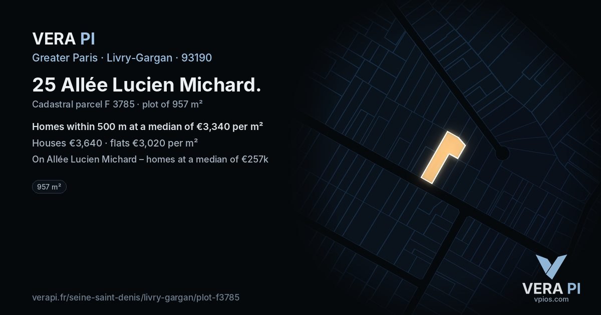 25 Allée Lucien Michard, Livry-Gargan at night – the plot lit, the parcels around coloured by the prices near them