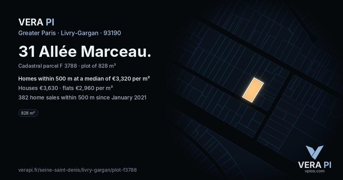 31 Allée Marceau, Livry-Gargan at night – the plot lit, the parcels around coloured by the prices near them