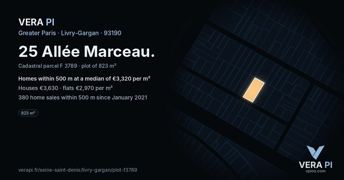 25 Allée Marceau, Livry-Gargan at night – the plot lit, the parcels around coloured by the prices near them