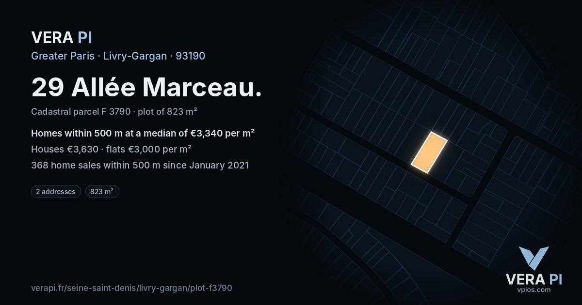 29 Allée Marceau, Livry-Gargan at night – the plot lit, the parcels around coloured by the prices near them