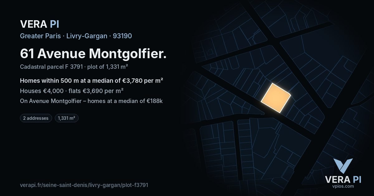 61 Avenue Montgolfier, Livry-Gargan at night – the plot lit, the parcels around coloured by the prices near them