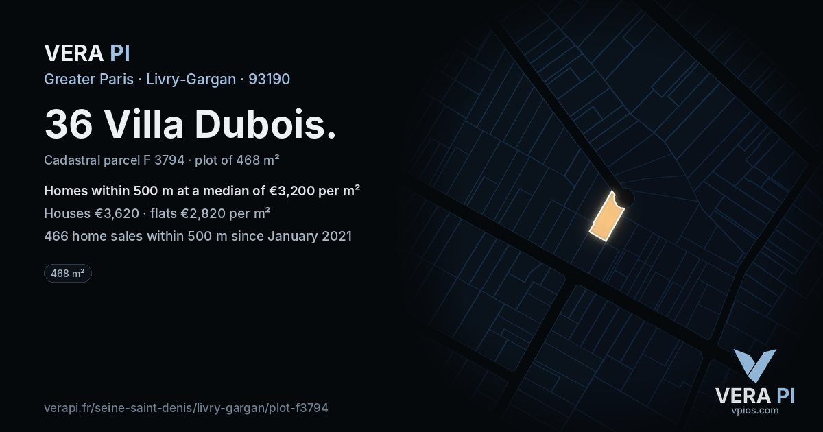 36 Villa Dubois, Livry-Gargan at night – the plot lit, the parcels around coloured by the prices near them