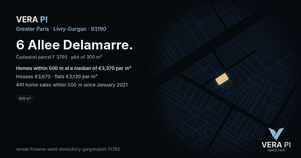 6 Allee Delamarre, Livry-Gargan at night – the plot lit, the parcels around coloured by the prices near them