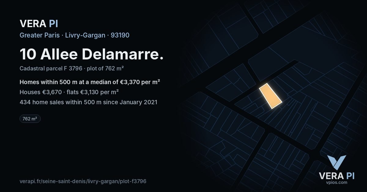 10 Allee Delamarre, Livry-Gargan at night – the plot lit, the parcels around coloured by the prices near them