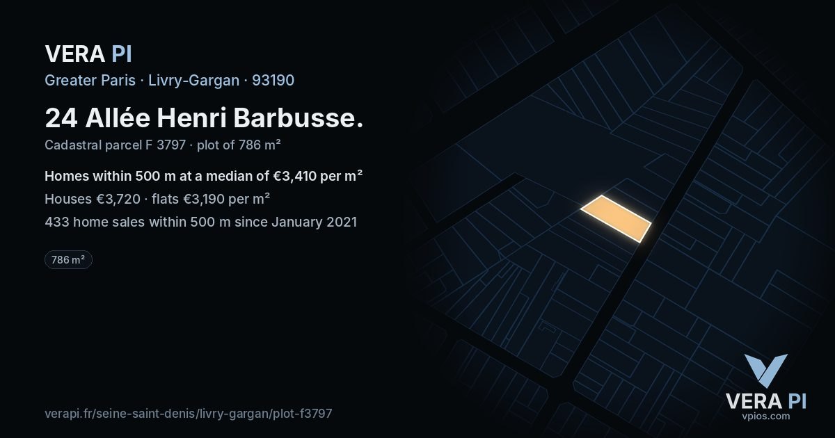 24 Allée Henri Barbusse, Livry-Gargan at night – the plot lit, the parcels around coloured by the prices near them