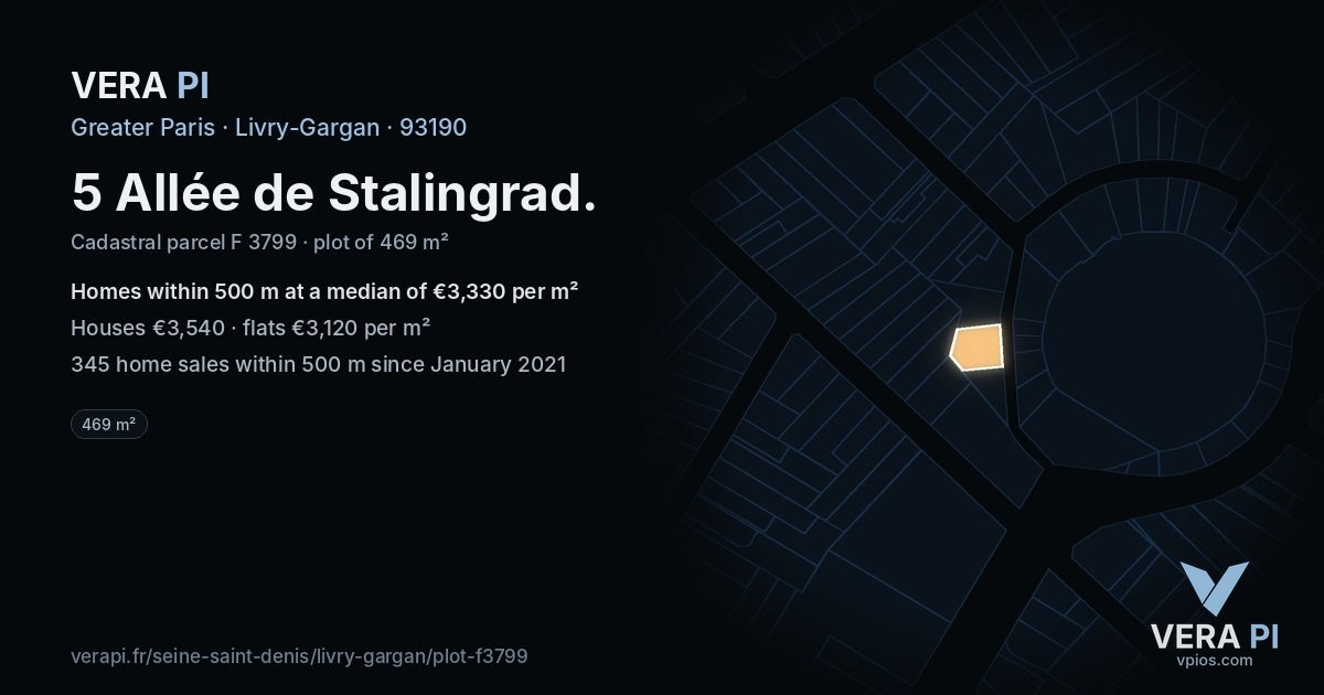 5 Allée de Stalingrad, Livry-Gargan at night – the plot lit, the parcels around coloured by the prices near them